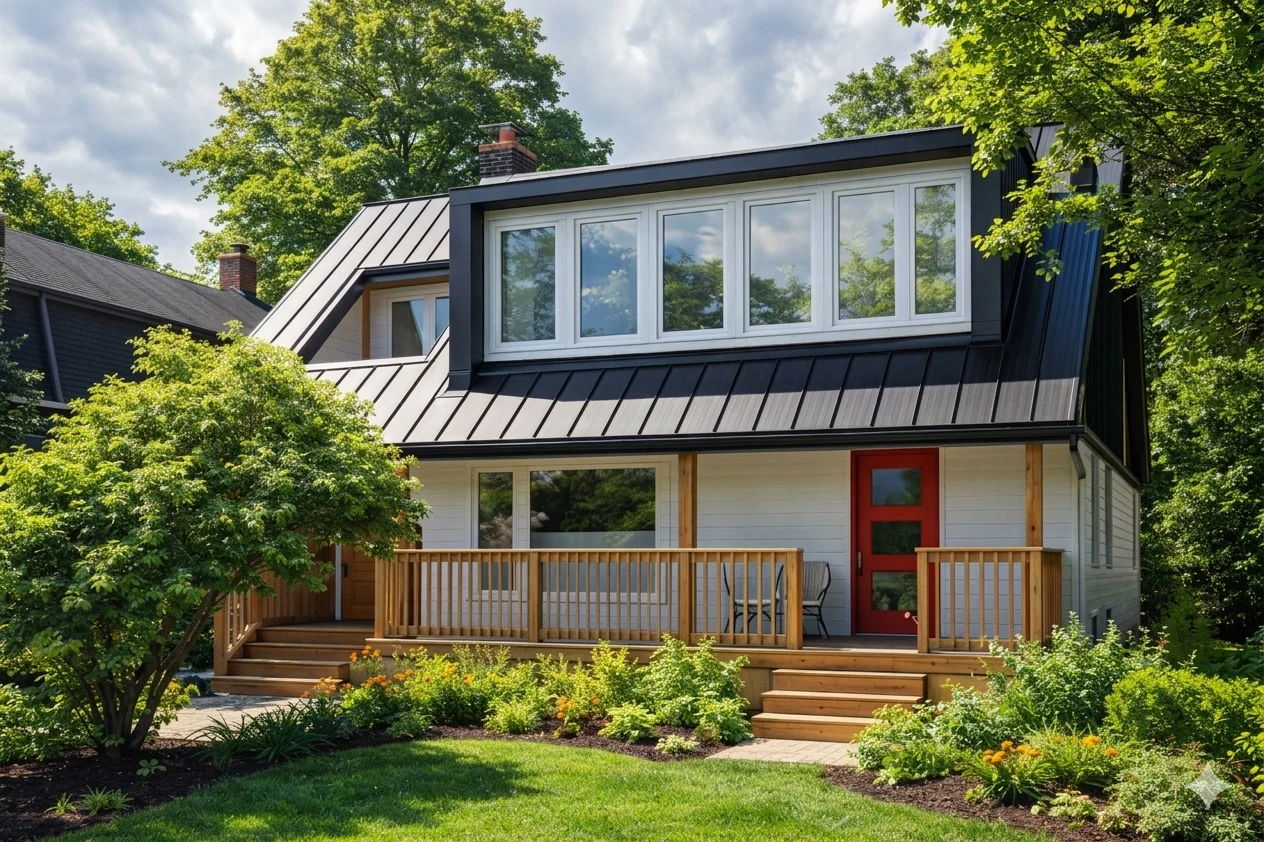 Ottawa home addition with black metal-roof dormer, cedar porch and red door by Dream Touch Renovations